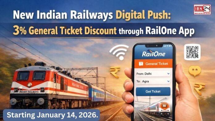 New Indian Railways Digital Push: 3% General Ticket Discount through RailOne App Starting January 14, 2026.