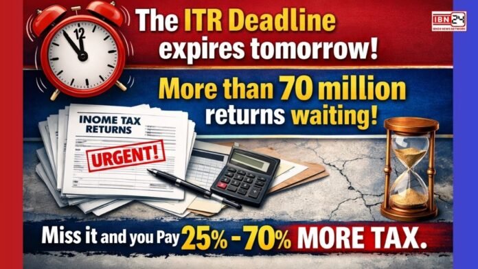 The ITR Deadline expires tomorrow: More than 70 million returns waiting — Miss it and you Pay 25 percent-70 percent more tax.