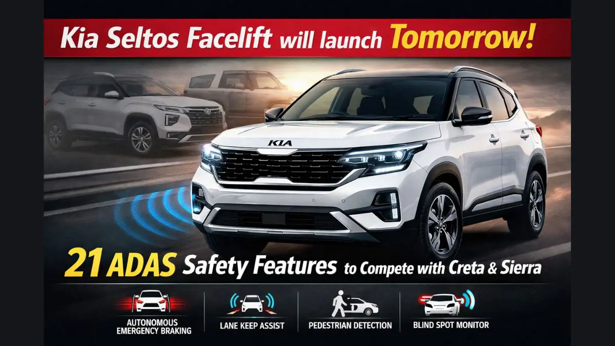 Kia Seltos Facelift (2026) will launch tomorrow: 21 ADAS Safety Features will be packed to compete with Creta and Sierra.