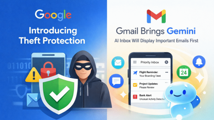 Google introduces Theft protection and Gmail Brings Gemini: AI Inbox Will Display Important Emails first. Google introduces Theft protection and Gmail Brings Gemini: AI Inbox Will Display Important Emails first.