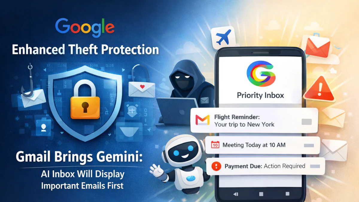 Google introduces Theft protection and Gmail Brings Gemini: AI Inbox Will Display Important Emails first.